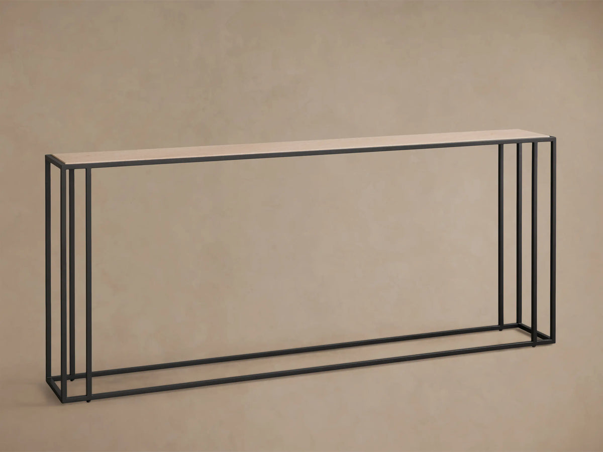Front view of the Mills Stone Console Table, featuring a light beige stone top and a matte black powder-coated steel frame.