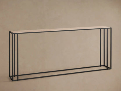 Front view of the Mills Stone Console Table, featuring a light beige stone top and a matte black powder-coated steel frame.