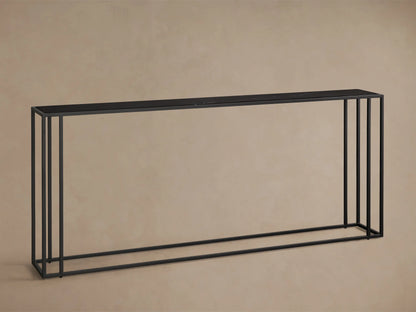 Front view of the black Mills Stone Console Table, featuring a matte black metal frame and a black stone top.