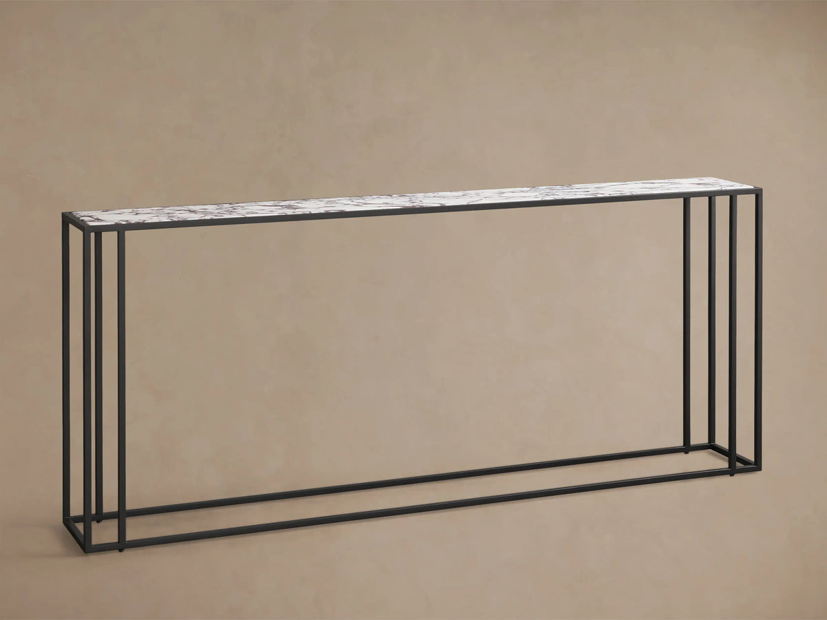 Front view of the Mills Stone Console Table, featuring a white stone top with gray veining and a matte black steel frame.