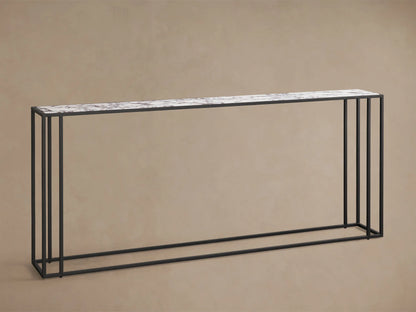 Front view of the Mills Stone Console Table, featuring a white stone top with gray veining and a matte black steel frame.