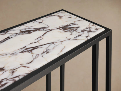 Front view of the Mills Stone Console Table, featuring a white marbled stone top on a powder-coated matte black steel base.