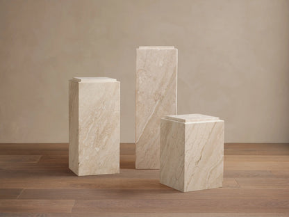 Marmont Pedestal in natural marble with a matte lacquer finish, showcasing unique beige veining and rectangular shape.