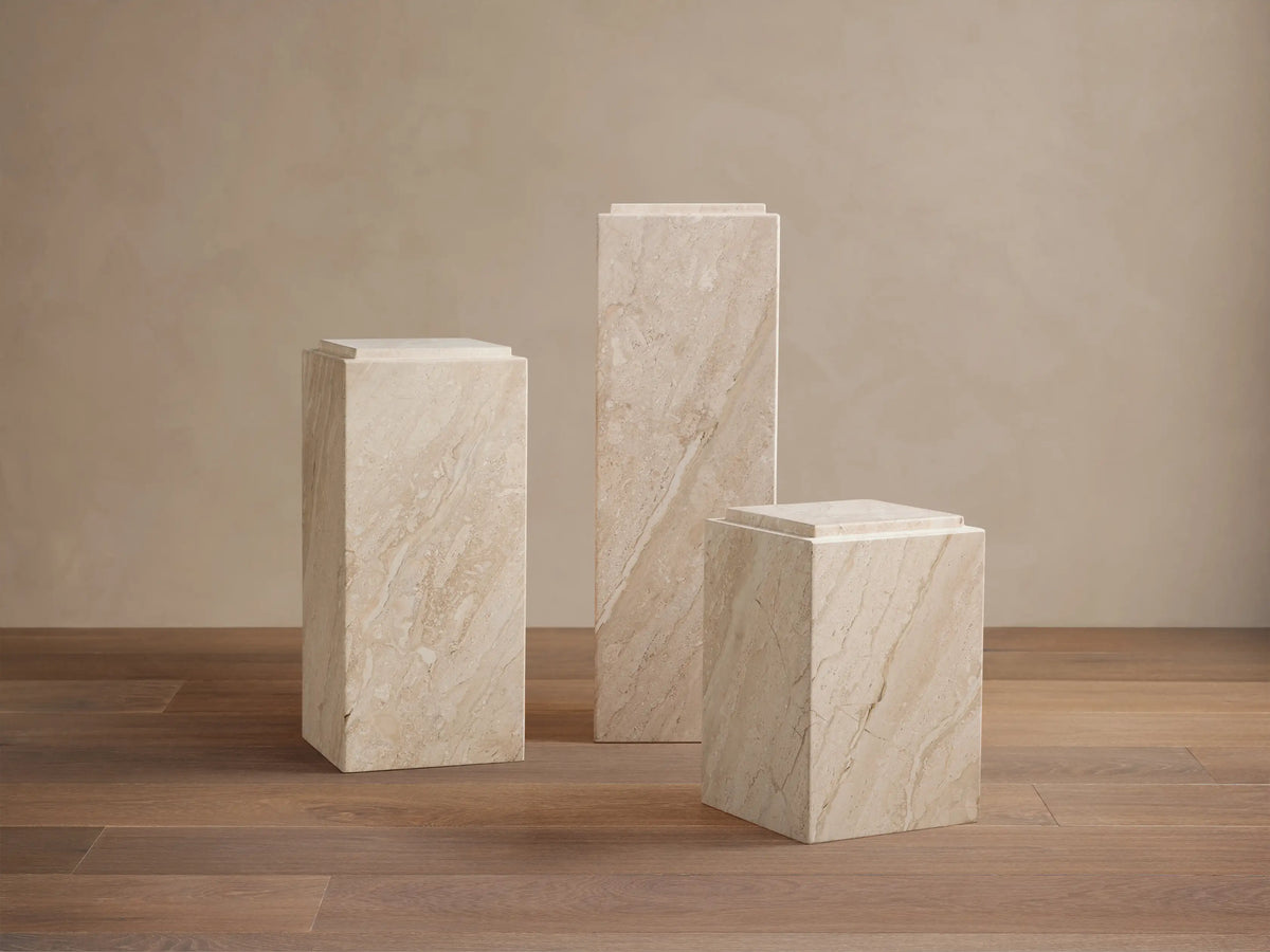 Marmont Pedestal made of natural marble in a square shape with matte lacquer finish, showing unique veining and color variations.