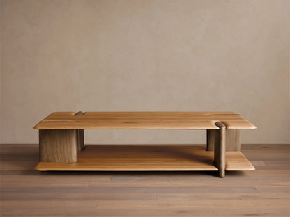 Front view of a light brown wooden coffee table with a rectangular top, lower shelf, integrated curved supports, and sculpted groove details.