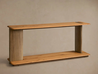 Front view of the Nolito Console Table, featuring light oak veneer shelves and darker curved guanacaste wood supports.