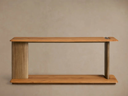 Front view of the light and medium brown wood Nolito Console Table with a rounded silhouette, beveled edges, and curved supports.