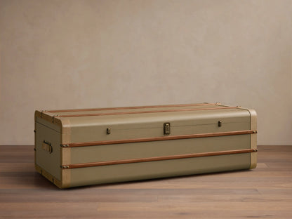 Top view of the rectangular olive-colored Oberlin Storage Coffee Table with two wood strips and beige leather trim.