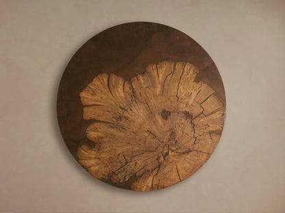 Close-up of Obra Round Coffee Table; natural milpa burl wood top with deep cracks & dark filler, wrapped around a weathered steel base.