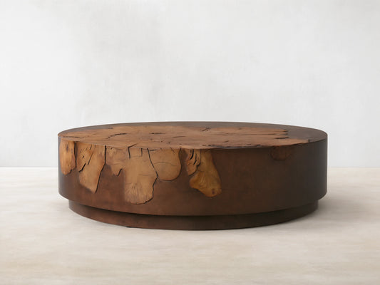 Obra Round Coffee Table with a natural milpa burl wood top, organic patterns, and coppery weathered steel sides.