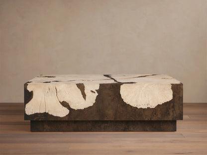 Obra Coffee Table: low, square, light sun-bleached milpa burl wood with natural patterns, dark weathered steel base.