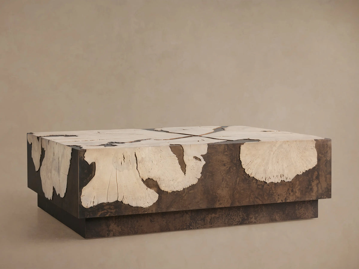 Overhead view of the rectangular Obra Coffee Table, featuring a dark weathered steel base and a patterned milpa burl wood top.