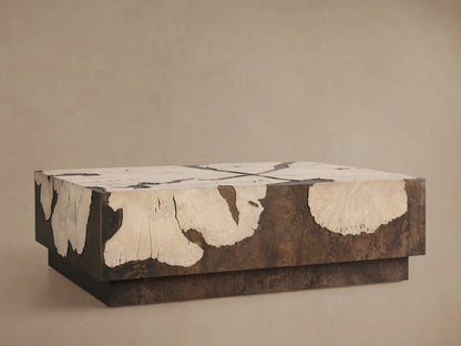 Overhead view of the rectangular Obra Coffee Table, featuring a dark weathered steel base and a patterned milpa burl wood top.