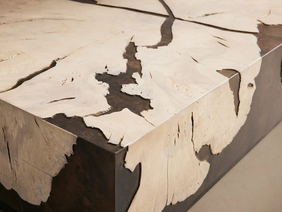 Obra Coffee Table, rectangular with light sunbleached milpa burl wood patterns over a dark weathered steel and hardwood base.
