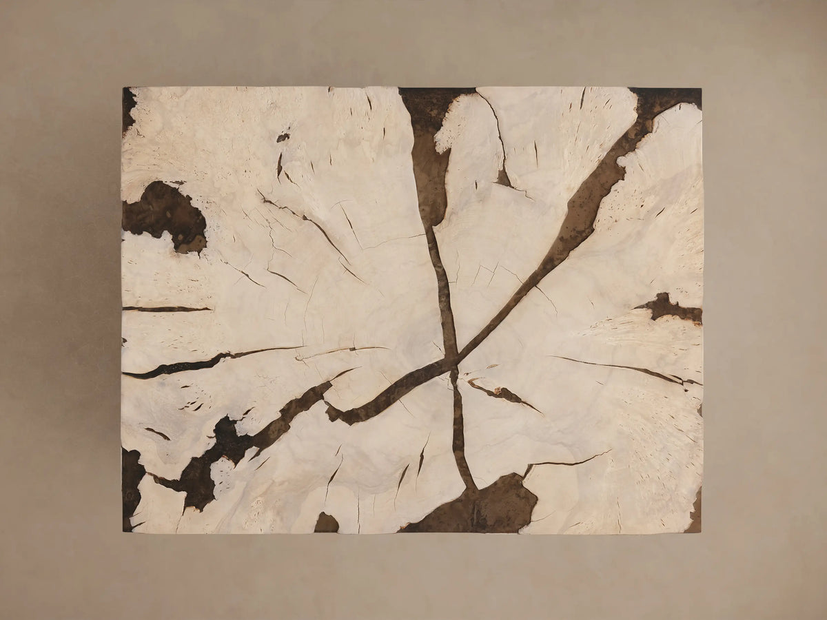 Obra Coffee Table, close-up of sun-bleached milpa burl wood pieces with dark gaps, revealing a weathered dark steel base.