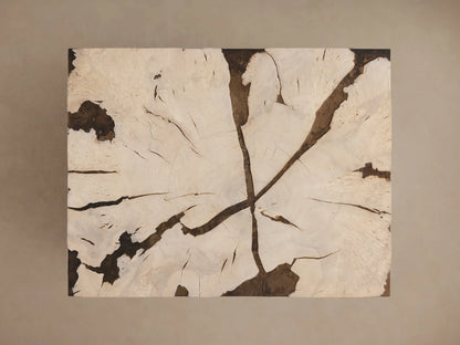 Obra Coffee Table, close-up of sun-bleached milpa burl wood pieces with dark gaps, revealing a weathered dark steel base.