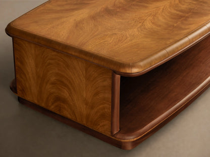 Front view of the Palma Coffee Table, a two-tier rectangular table with a light brown cerajeira wood veneer top and a dark brown mahogany base.