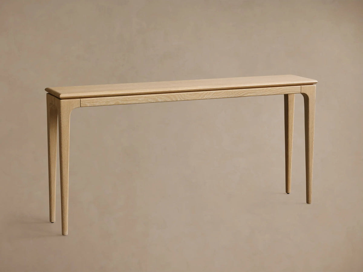 Close-up, angled view of a light oak Park Console Table showing visible wood grain and hand-applied finish.