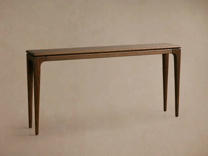 Close-up, angled view of a Park Console Table with a rich mocha wood finish, showing its distinct grain and curved leg detail.