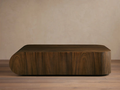 Front view of a dark wood coffee table with rounded ends and visible wood grain.