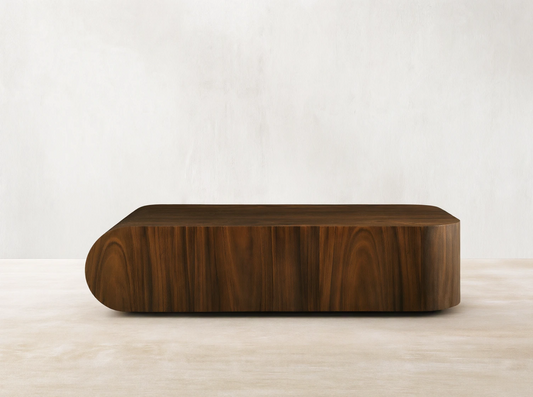 Front view of a dark wood coffee table with rounded ends and visible wood grain.