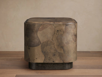 Polanco Plinth End Table, a block-shaped table with rounded edges, crafted from varied brown oyster-cut wood burl fragments. Dark plinth base.