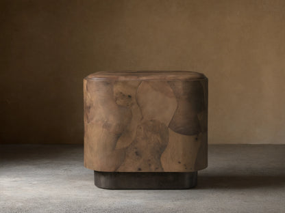 Polanco Plinth End Table, a block-shaped table with rounded edges, crafted from varied brown oyster-cut wood burl fragments. Dark plinth base.