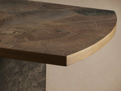 Polanco Console Table with a rounded edge, showcasing rich wood grain, natural cracks, and a smooth lacquered finish.