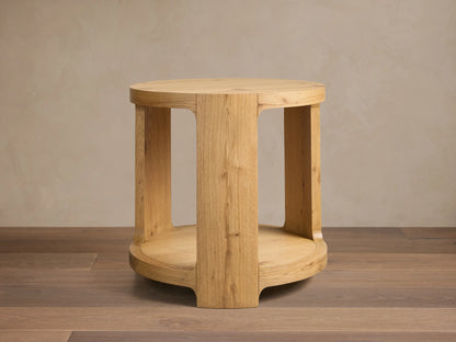 Top view of the round light oak Redding End Table, showing natural wood grain and knots.