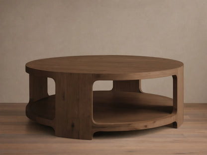 Front view of the Redding Round Coffee Table, a round table crafted from stained white oak, with a lower storage shelf.