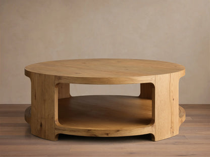 Front view of the natural oak Redding Round Coffee Table, showing visible wood grain and a built-in lower shelf with curved supports.