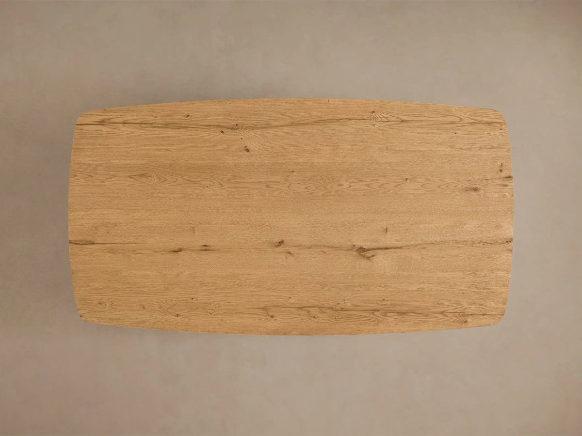 Top view of the natural knotty white oak Redding Coffee Table, highlighting its rectangular top with rounded corners and distinctive grain.