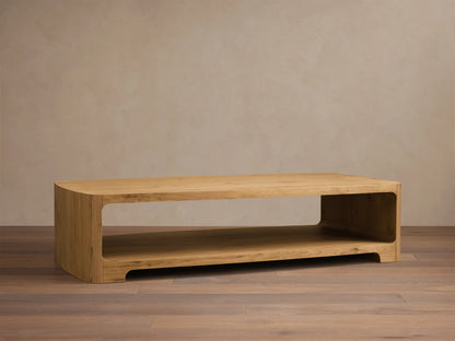 Close-up of the natural white oak Redding Coffee Table, highlighting its rounded edges, visible grain, and lower storage shelf.