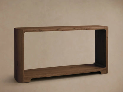 Front view of the brown Redding Console Table, crafted from oak with rounded corners and a lower storage shelf.