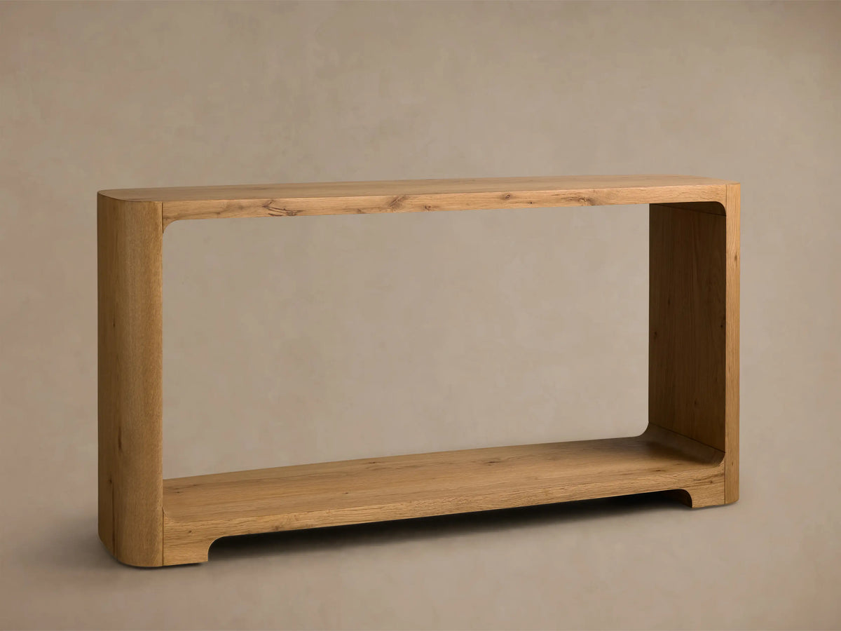 Front view of the light oak Redding Console Table, featuring a U-shaped design, a built-in lower shelf, and visible natural wood grain.