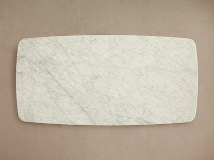 Front view of the Saint Germain Stone Coffee Table with Rennes Base, a light gray marble top with rounded edges and light brown oak legs.
