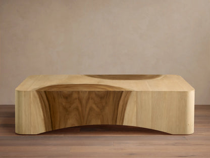 Ramiro Coffee Table: light oak wood, low rectangular shape, dark curved Guanacaste wood inlays, and curved base.