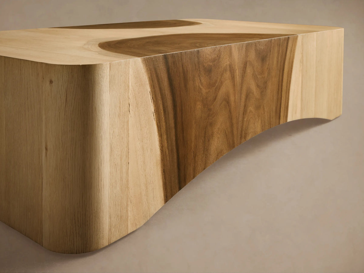 Ramiro Coffee Table, rectangular with rounded corners, light American oak & dark Guanacaste wood inlays forming a wavy, organic design.