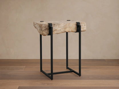 Saddle Martini Table with a unique petrified wood top, showcasing natural textures. Black iron base, rectangular design on wood floor.