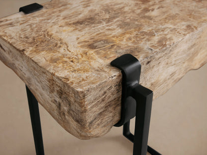 Saddle Martini Table with a rectangular slab of petrified wood, featuring natural grain patterns and hues. Supported by a black iron base with a modern, hand-forged design.