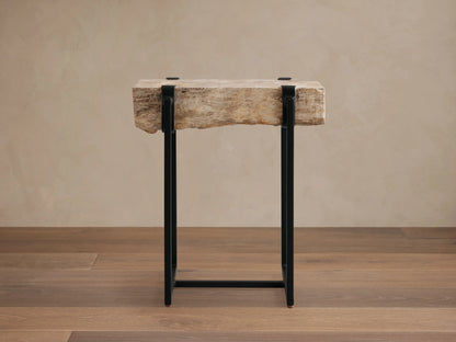 Saddle Martini Table with a unique petrified wood top, showcasing natural textures. Black iron base, rectangular design on wood floor.