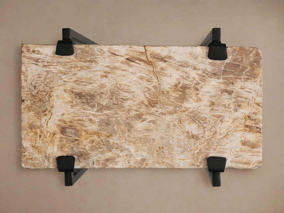 Saddle Martini Table with a polished, textured slab of petrified wood atop a sleek, black iron base on a wooden floor.