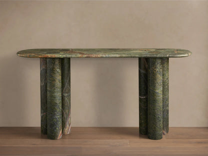 Front view of a Green Marble Console Table with an oblong top and two sets of three rounded cylindrical legs.