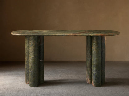 Front view of a Green Marble Console Table with an oblong top and two sets of three rounded cylindrical legs.