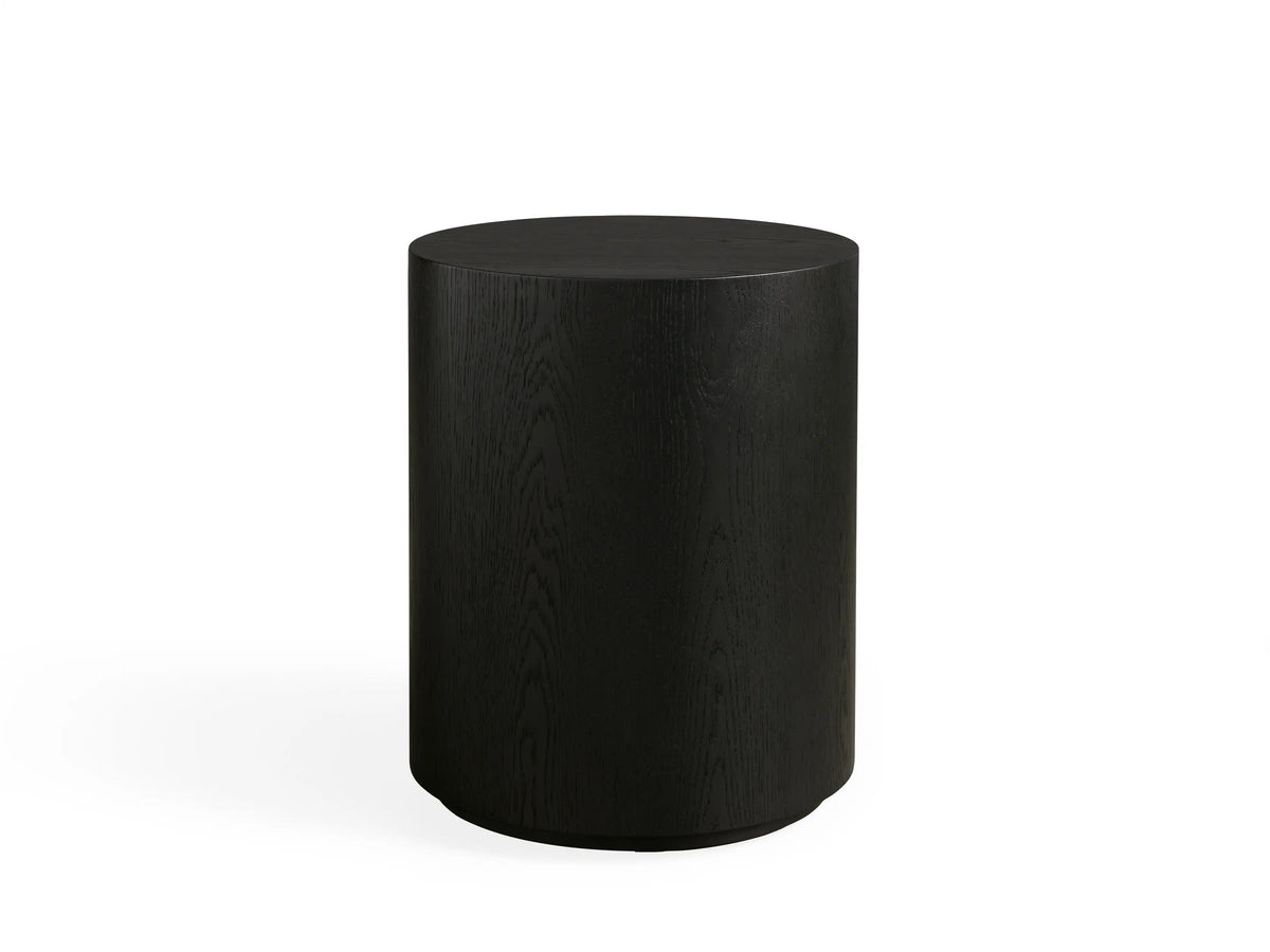 Sullivan Round End Table with smooth, round black tabletop and visible wood grain, resting on a cylindrical base.