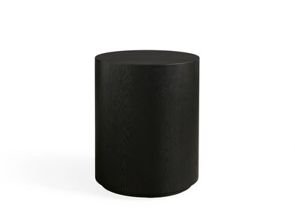 Sullivan Round End Table with smooth, round black tabletop and visible wood grain, resting on a cylindrical base.