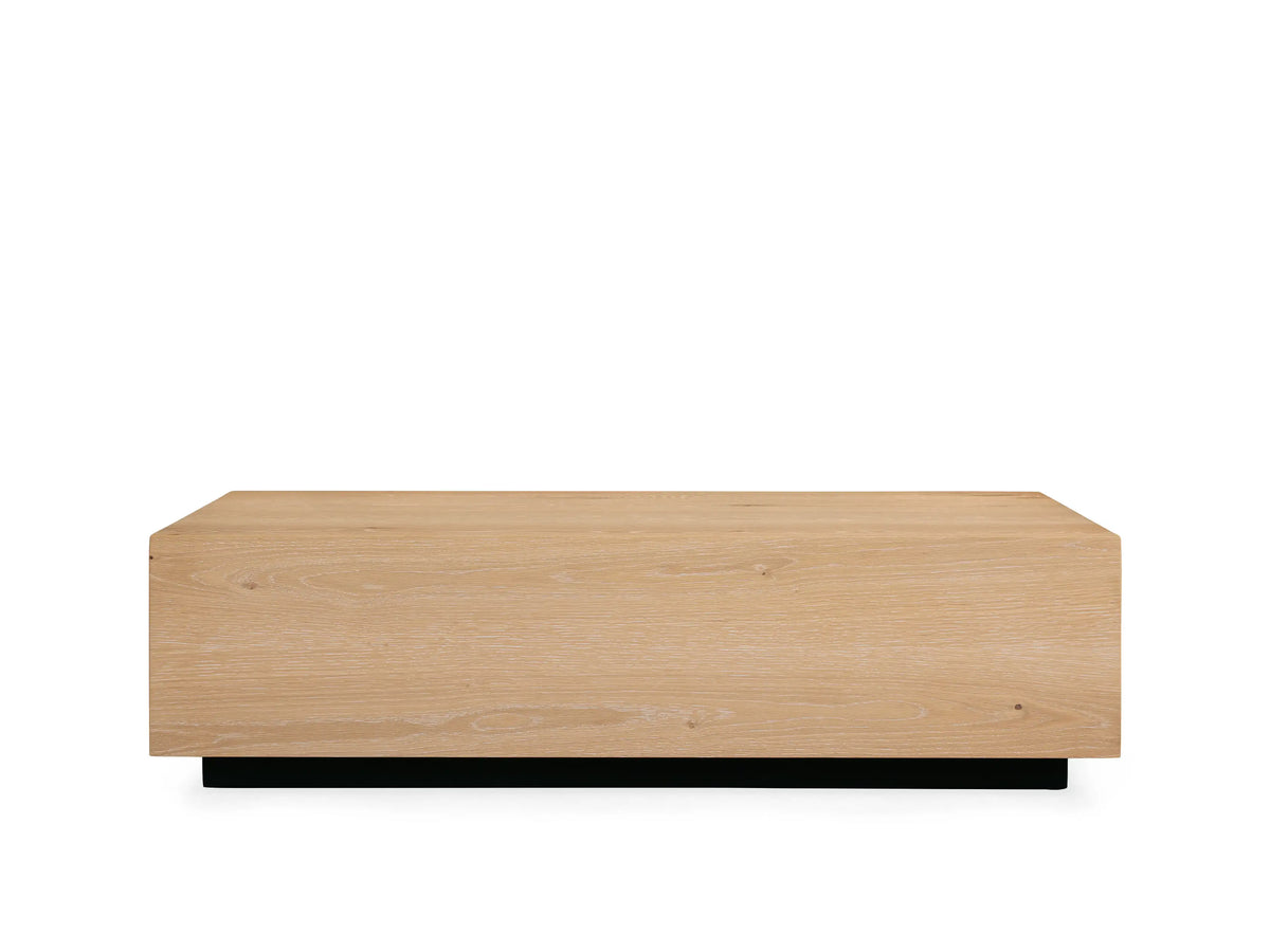 Sullivan Coffee Table with a rectangular top view, showcasing natural oak wood grain, knots, and unique weathered patterns.