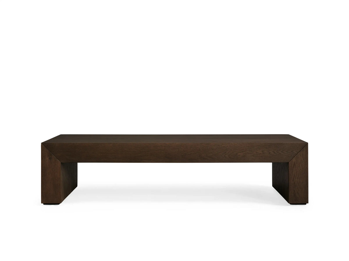 Sullivan Waterfall Coffee Table made of dark European oak, showing natural wood grain and a matte lacquer finish, viewed from above.
