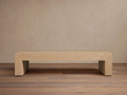 Sullivan Waterfall Coffee Table crafted from light European oak, displaying unique graining and miter joinery with a waterfall effect.