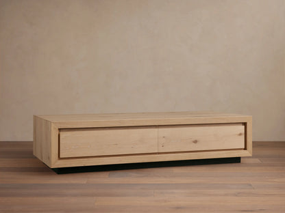 Front view of the dark brown Sullivan Storage Coffee Table, made of solid oak with two soft-close drawers and a plinth base.